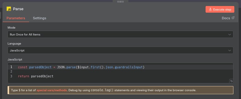 N8N Code node configuration - parse stringified object