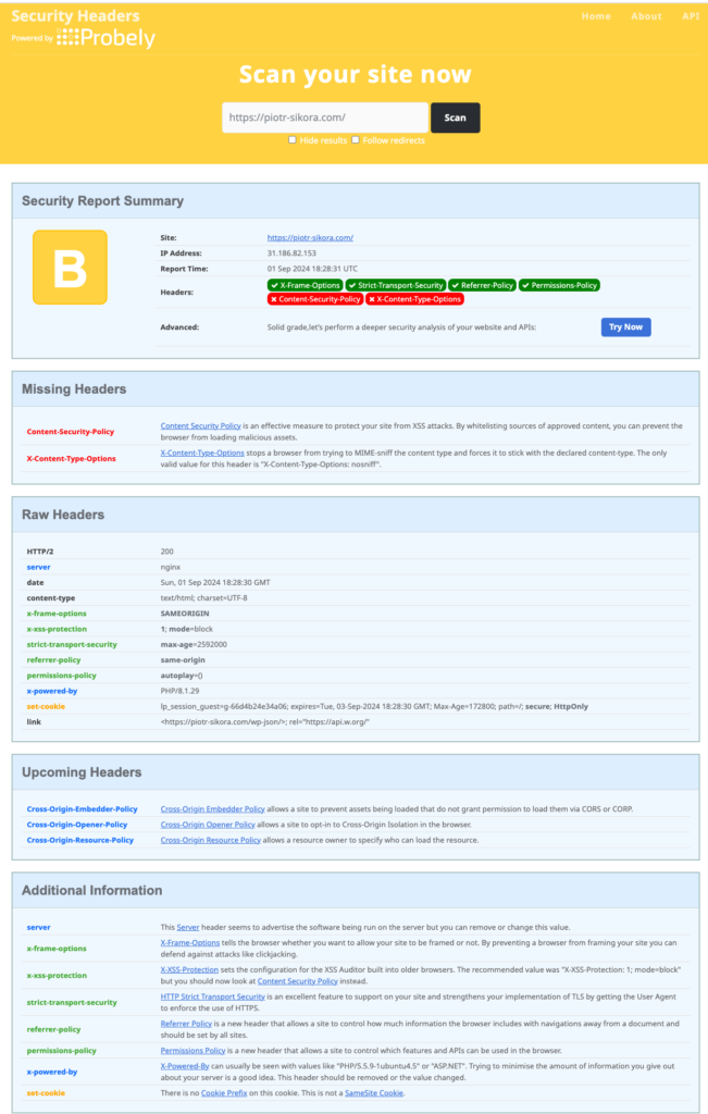 Security headers scan result showing Score B rating